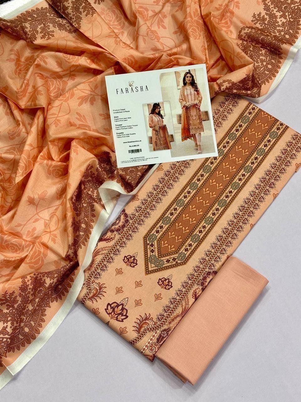 Farasha Lawn Unstitched 3 Piece Suit | Colour-Brown Farasha Lawn Unstitched 3 Piece Suit | Colour-Brown