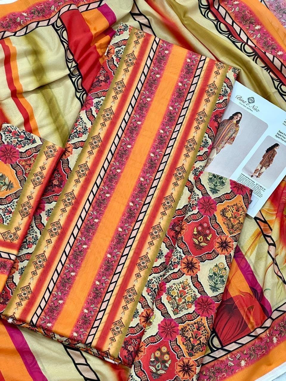 Bint e Naz Lawn Unstitched 2 Piece Suit | Colour-Orange