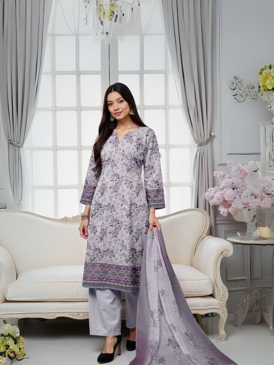 women wear Gul Ahmed Lawn 3 Piece Suit | Colour-Silver Sand