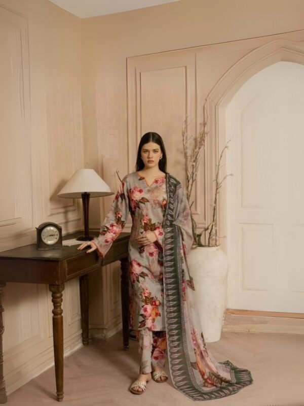 women wear Nishat Lawn 3 Piece Suit | Colour- Pale Oyster