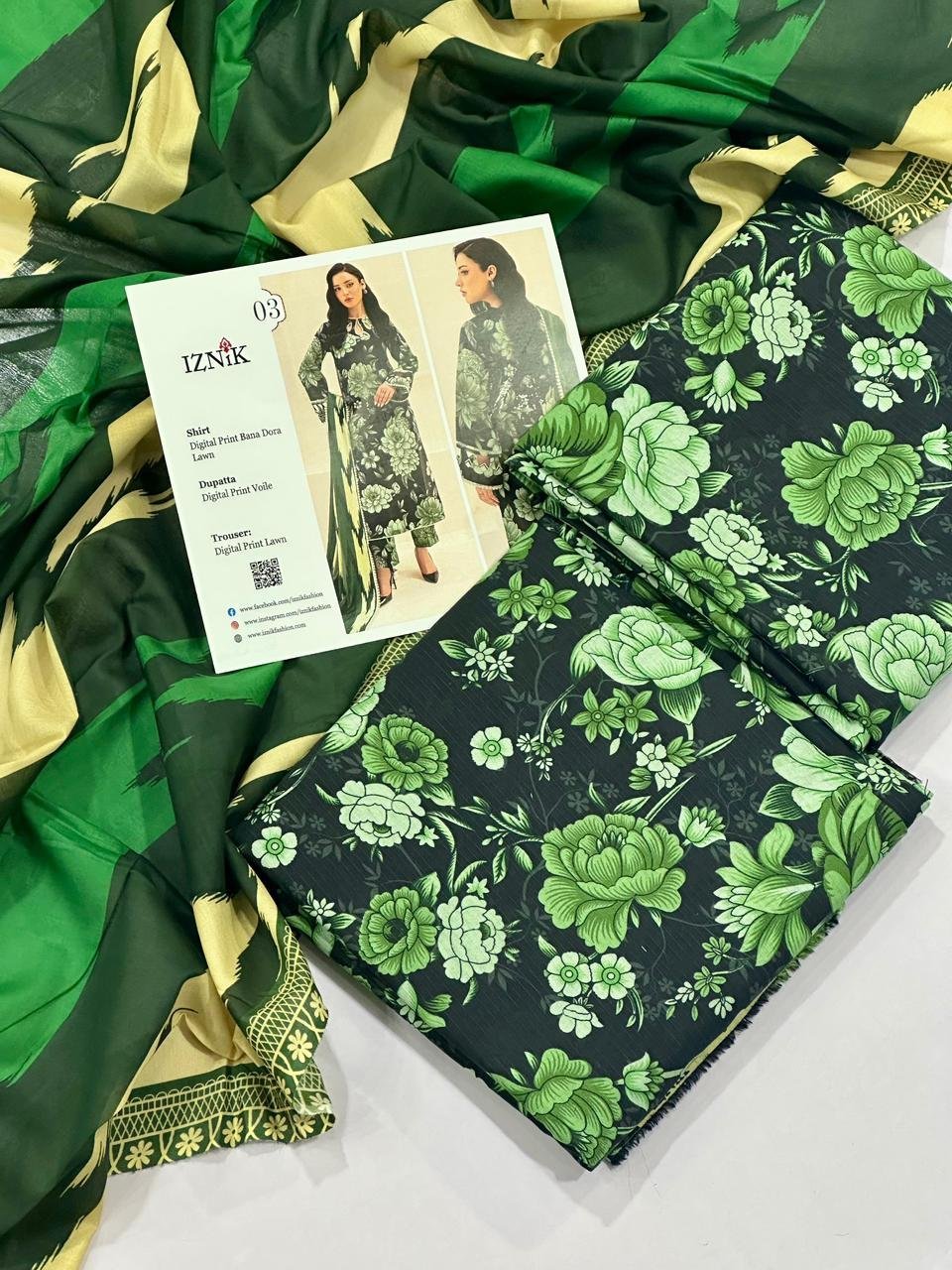 Iznik Lawn Unstitched 3 Piece Suit | Colour-Dark Green Iznik Lawn Unstitched 3 Piece Suit | Colour-Dark Green