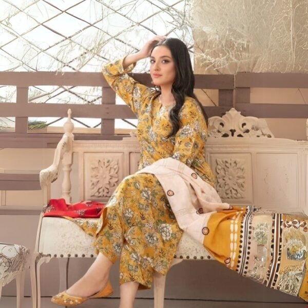 women wear Tawakkal Lawn 3 Piece Suit | Colour- Dark Golden