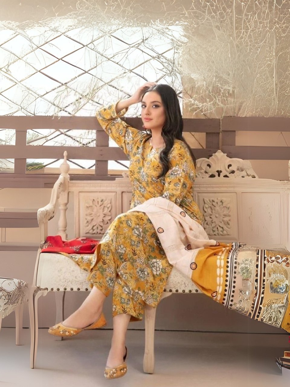 women wear Tawakkal Lawn 3 Piece Suit | Colour- Dark Golden