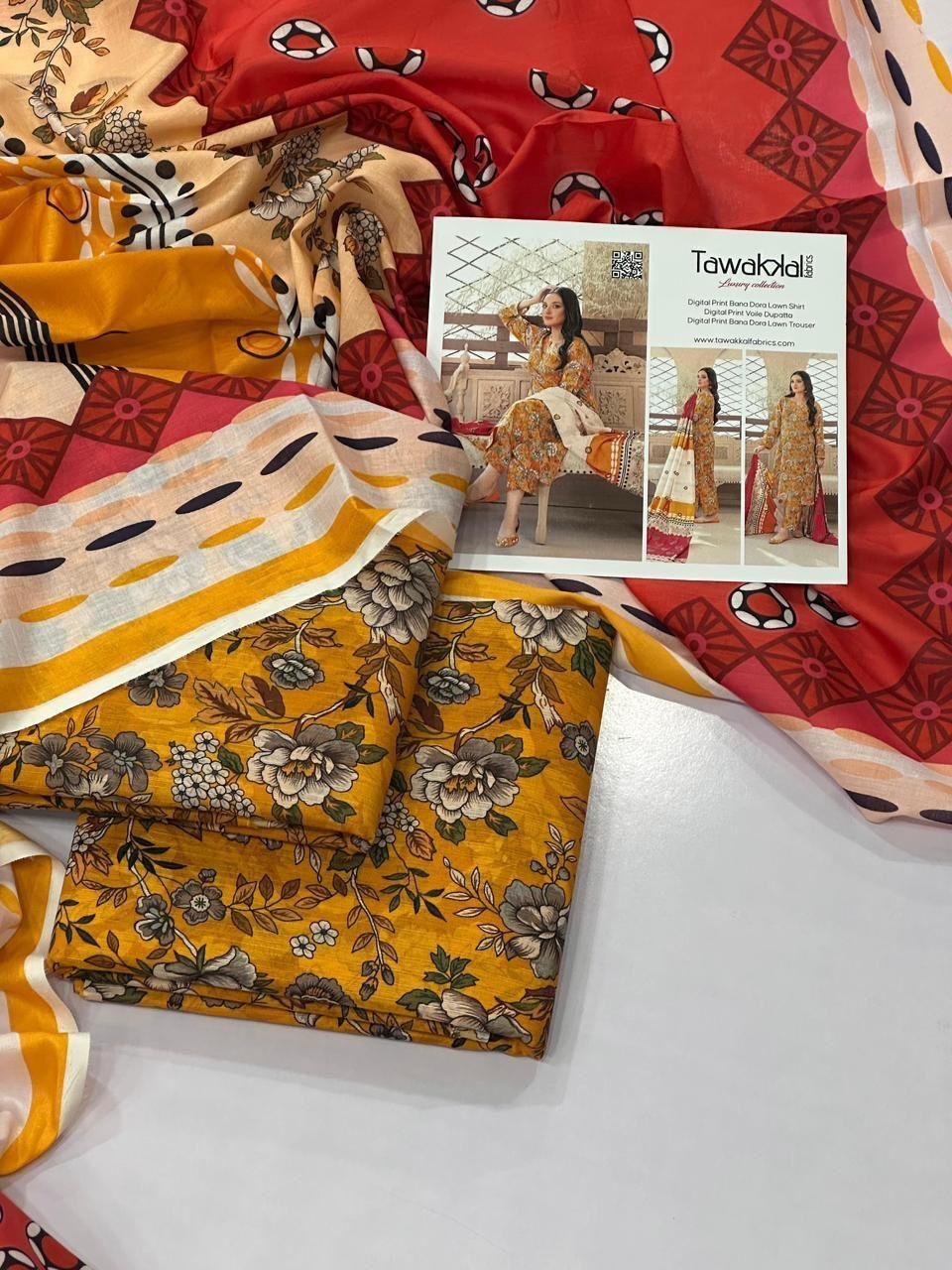 Tawakkal Lawn Unstitched 3 Piece Suit | Colour- Dark Golden