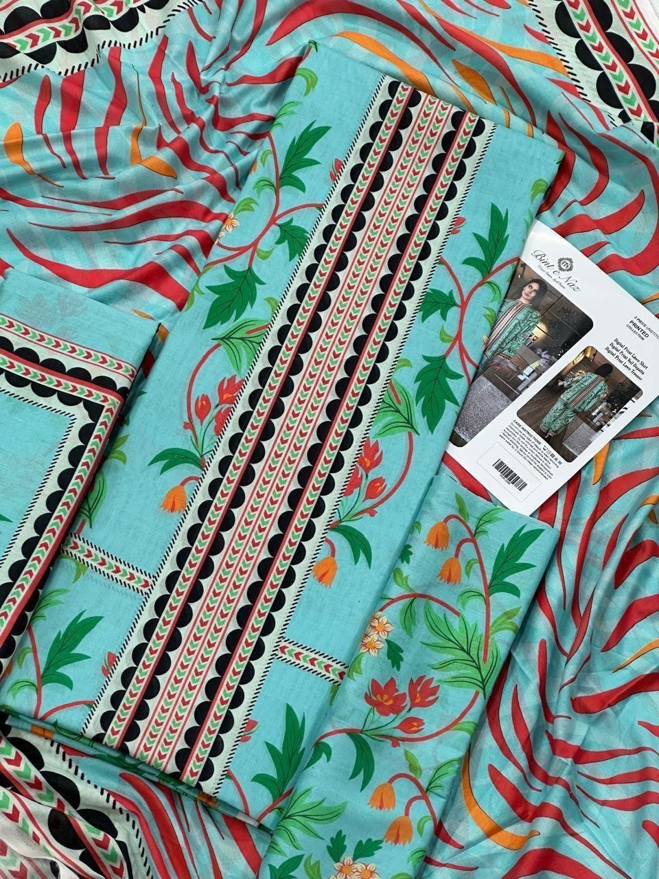 Bint e Naz Lawn Unstitched 2 Piece Suit | Colour-Northern Lights Blue