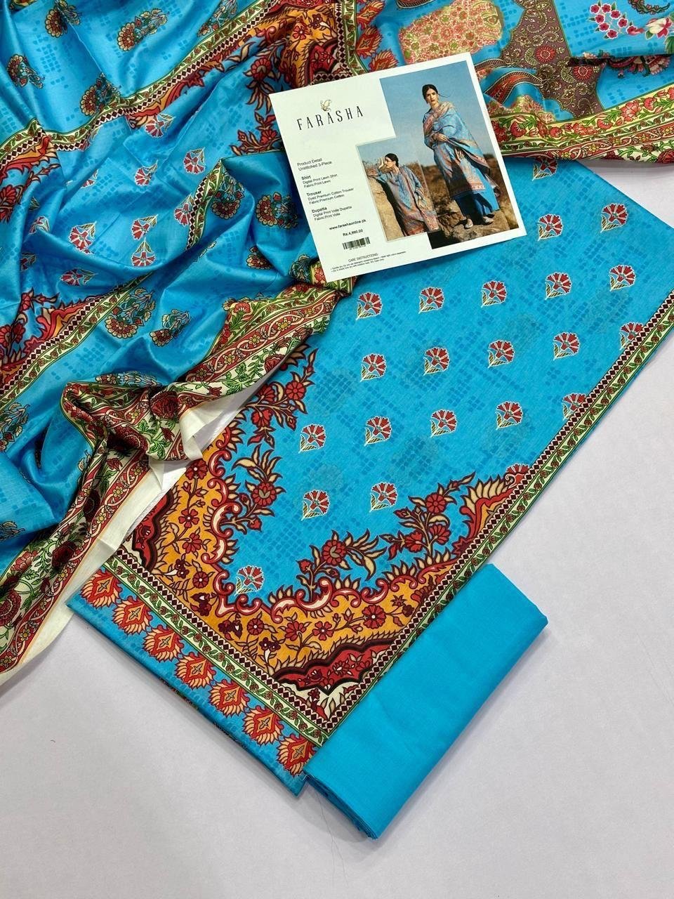 Farasha Lawn Unstitched 3 Piece Suit | Colour-Blue