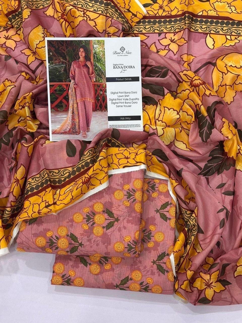 Bint e Naz Lawn Unstitched 3 Piece Suit | Colour-Pink