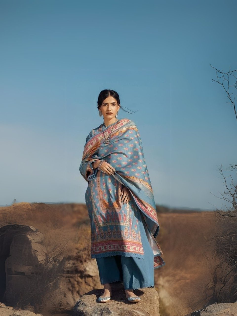 women wear Farasha Lawn 3 Piece Suit | Colour-Blue