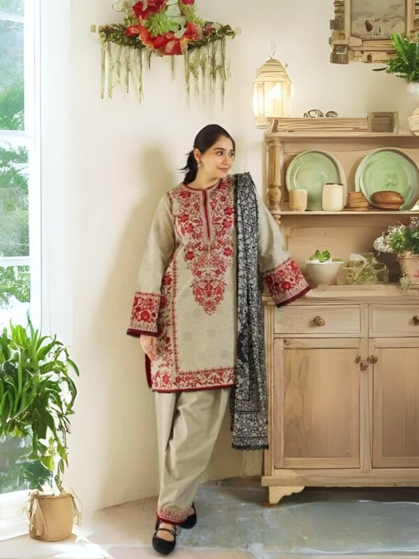 women wear Maria B Lawn 3 Piece Suit | Colour-Grey Olive