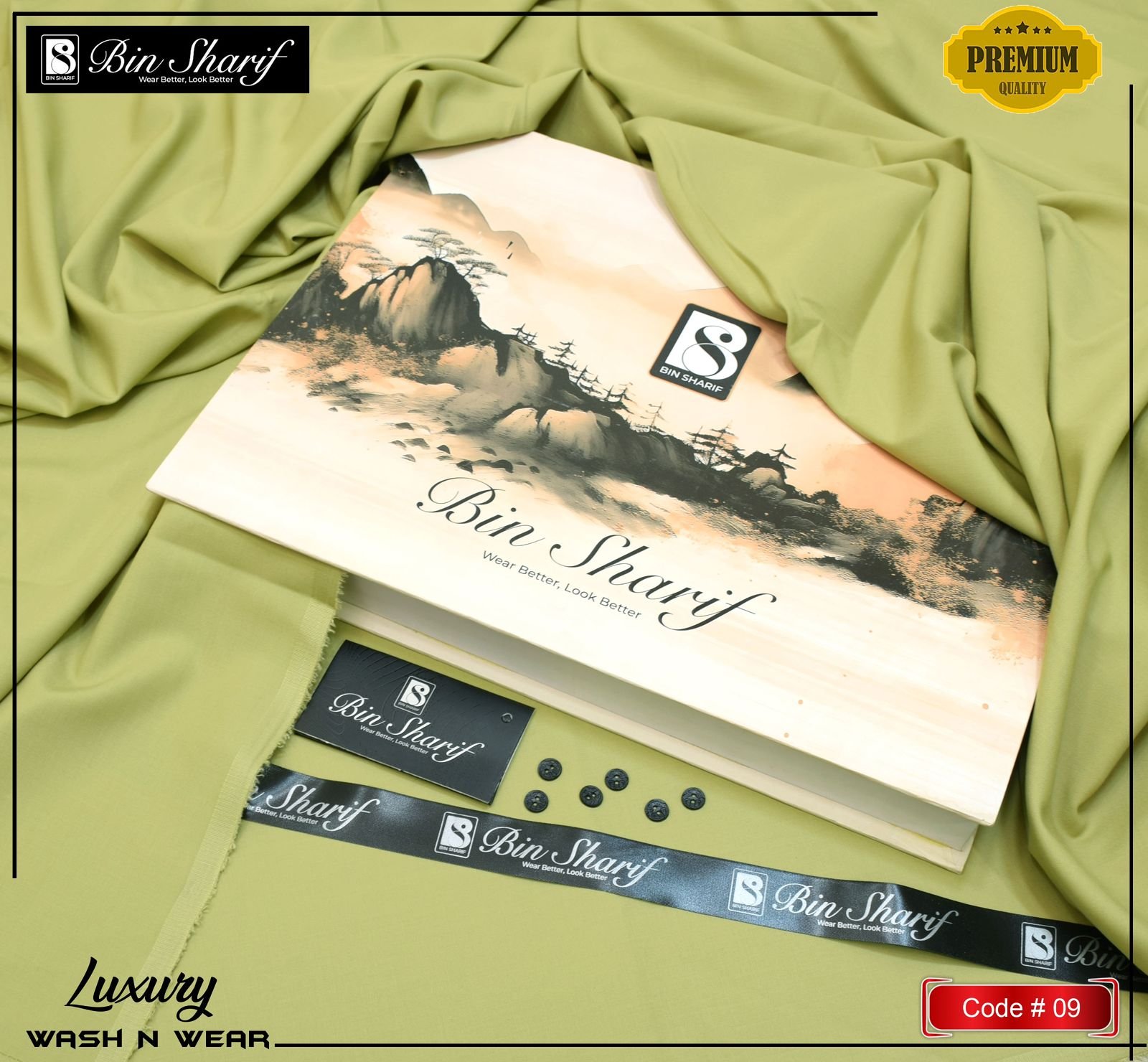 Bin Shareef Mens Unstitched Suits | Colour- Olive Green Bin Shareef Mens Unstitched Suits | Colour- Olive Green