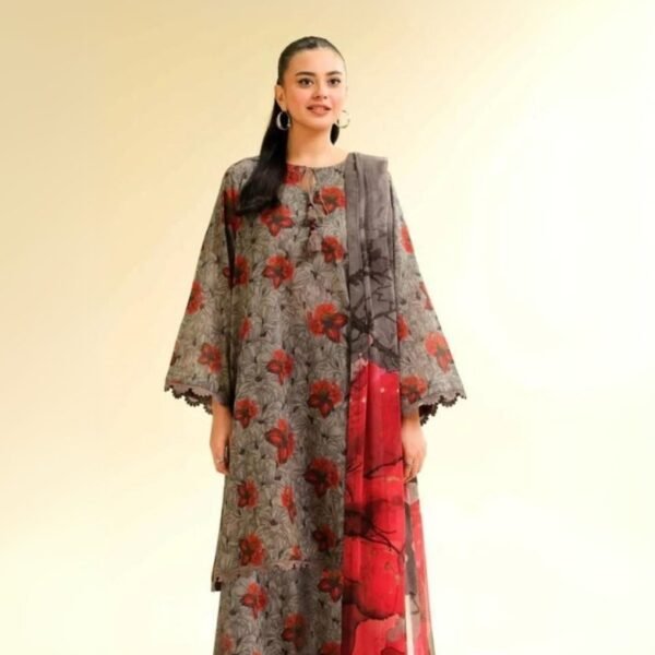 women wear Limelight Summer Lawn 3 Piece Suit | Colour-Grey Brown