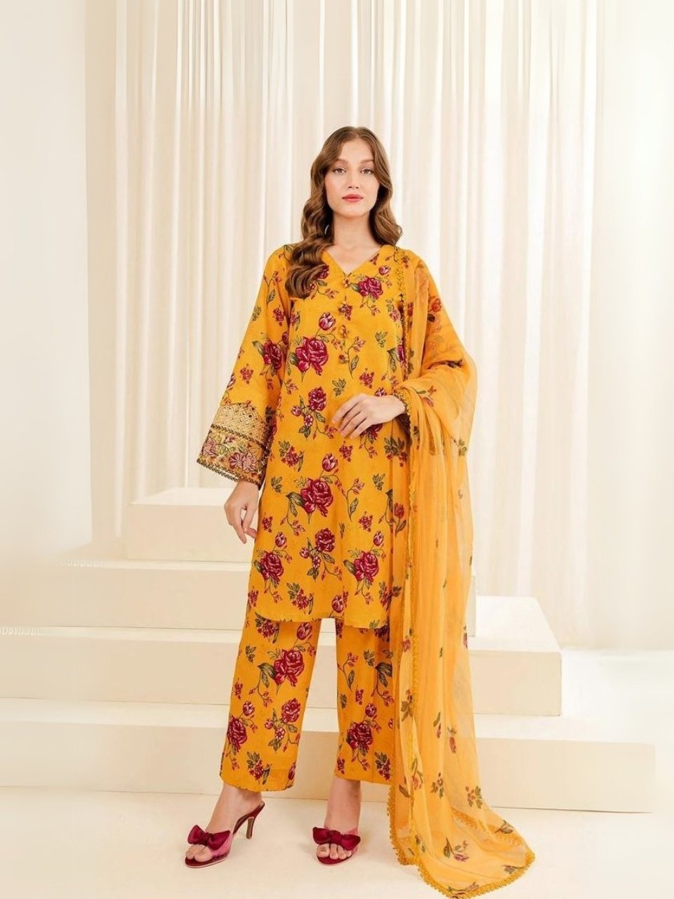 women wear Sapphire Signature 3 Piece Digital Print Lawn | Colour-Yellow