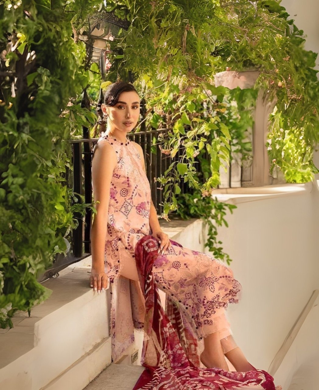 women wear Asifa and Nabeel Lawn 3 Piece Suit | Colour-Deep Peach Suit