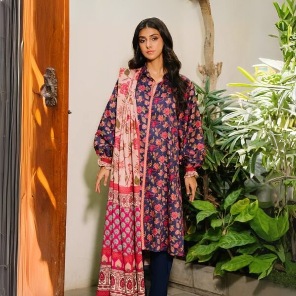 women wear Zellbury Lawn Unstitched 3 Piece Suit | Colour- Blueberry