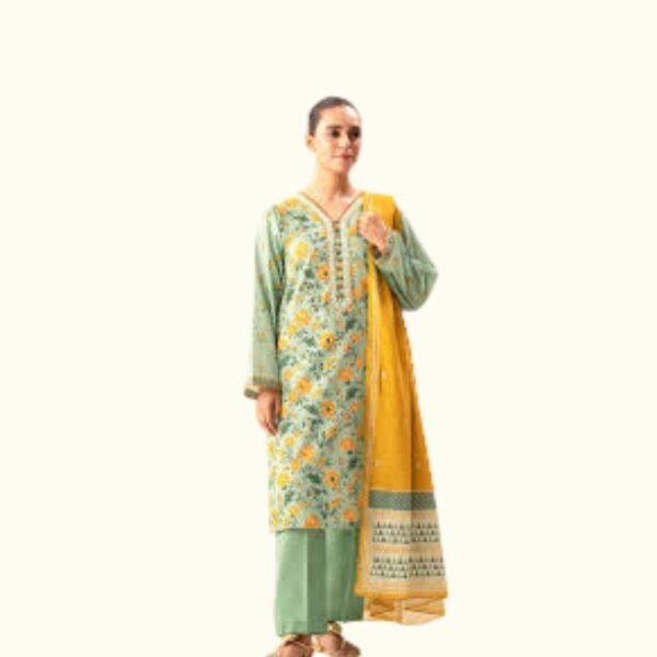 Women wear Zeen Unstitched 3 Piece Suit | Colour-Light Olive Green