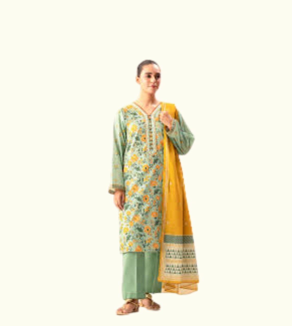 Women wear Zeen Unstitched 3 Piece Suit | Colour-Light Olive Green