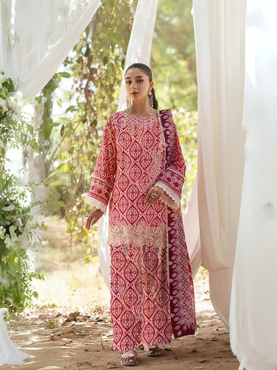 women wear Zainab Chottani Lawn 3 Piece Suit in Brownish Red