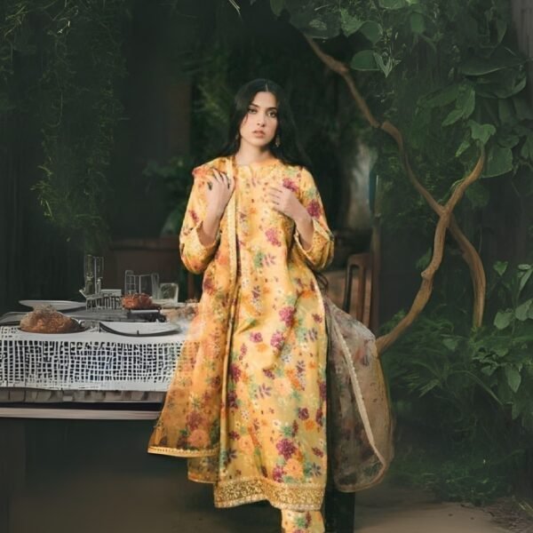 Women wear Iznik Lawn Unstitched 3 Piece Suit in Ginger Brown