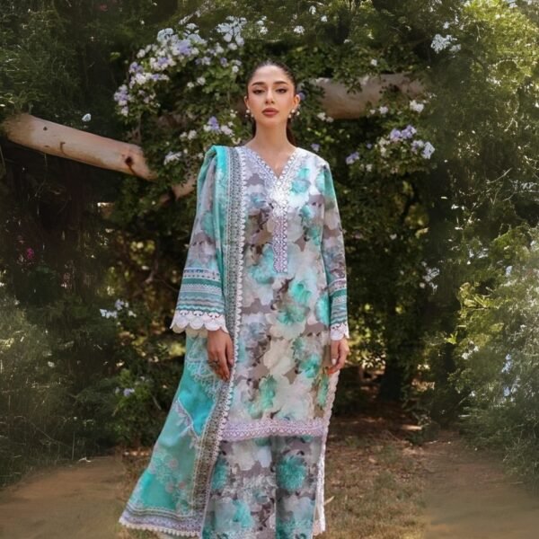 women wear Zainab Chottani Lawn 3 Piece Suit | Colour- Light Navy Blue