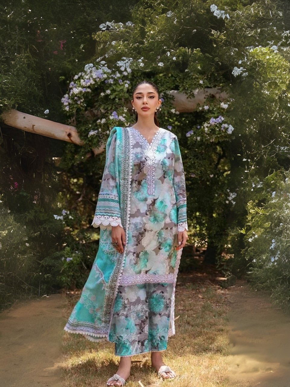 women wear Zainab Chottani Lawn 3 Piece Suit | Colour- Light Navy Blue