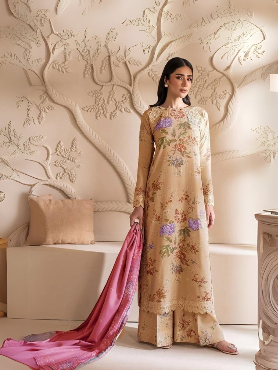 women wear Sapphire Signature 3 Piece Digital Print Lawn | Colour-Brown women wear Sapphire Signature 3 Piece Digital Print Lawn | Colour-Brown