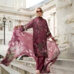 women wear Maria.B. Premium Lawn 3 Piece Suit in Pinkish Red