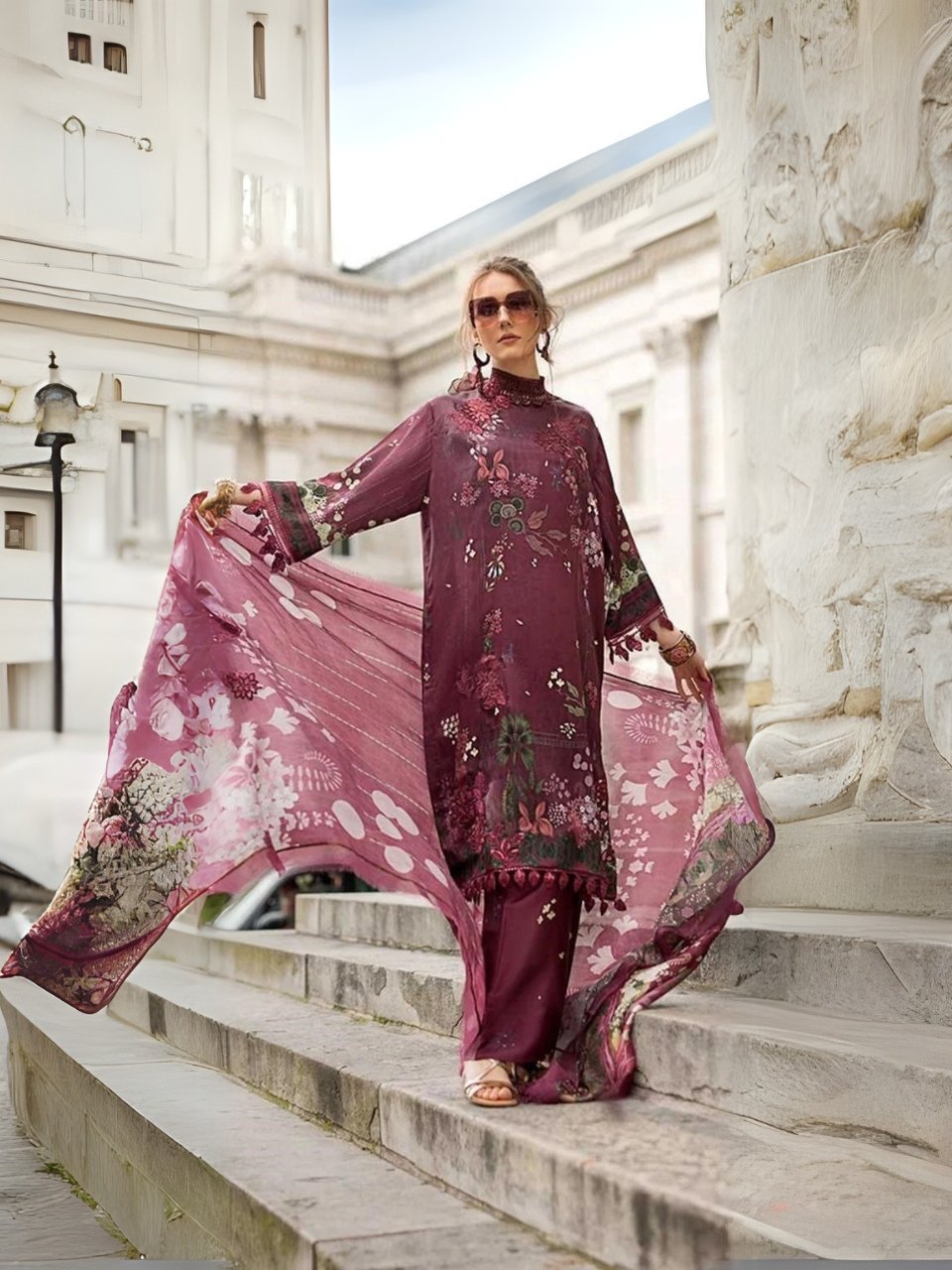 women wear Maria.B. Premium Lawn 3 Piece Suit in Pinkish Red