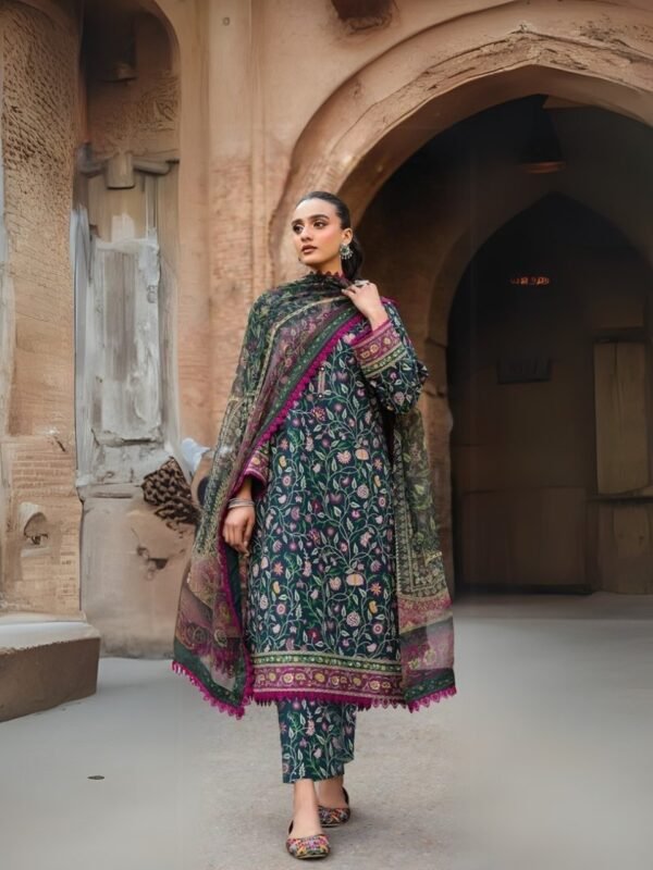 women wear Asim Jofa Lawn Fabric 3 Piece Suit | Colour-Nile Blue