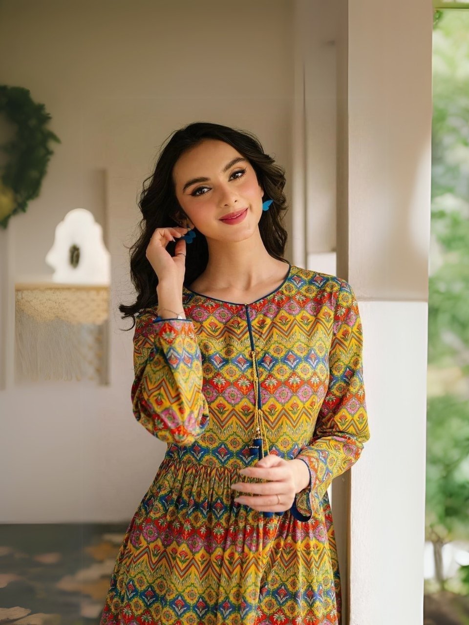 women wear Chinyere Print Lawn 3 Piece Suit | Colour-Golden