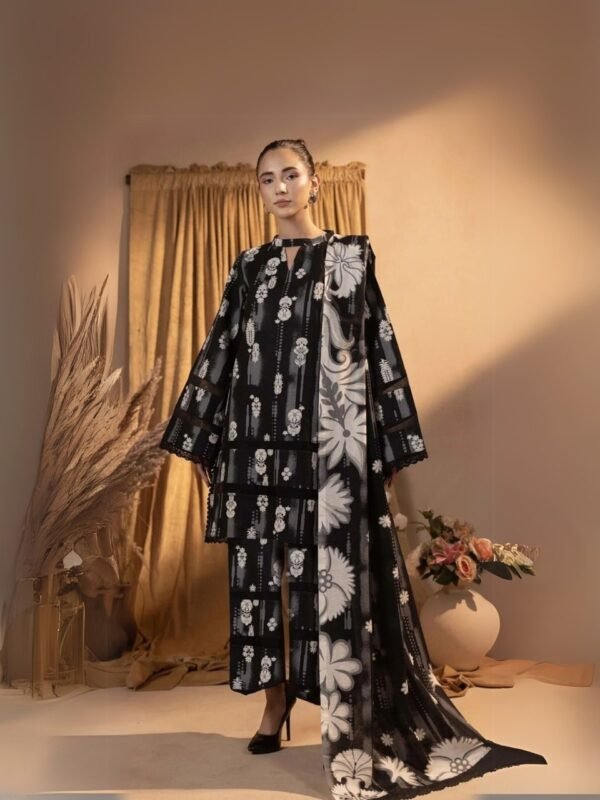 Women wear Baroque Print Lawn 3 Piece Suit | Colour-Black