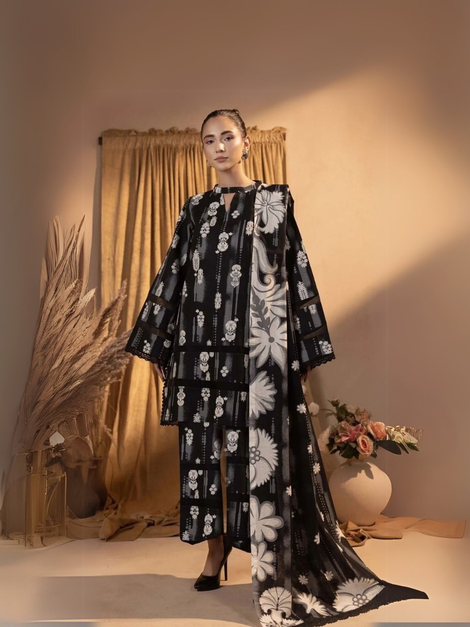 Women wear Baroque Print Lawn 3 Piece Suit | Colour-Black Women wear Baroque Print Lawn 3 Piece Suit | Colour-Black