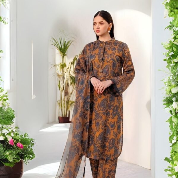 women wear Iznik Lawn 3 Piece Suit | Colour-Mango Tango