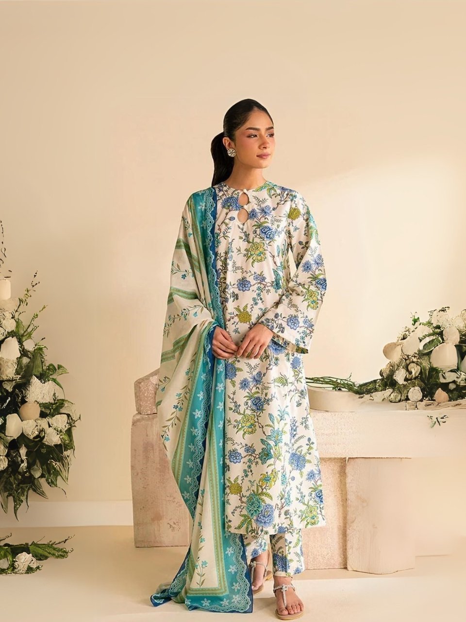 women wear Maria.B. Premium Lawn 3 Piece Suit | Colour-White