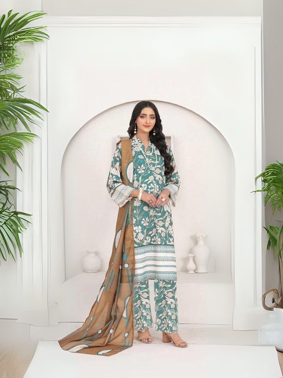 women wear Bint e Naz Lawn 3 Piece Suit | Colour-Dark Green