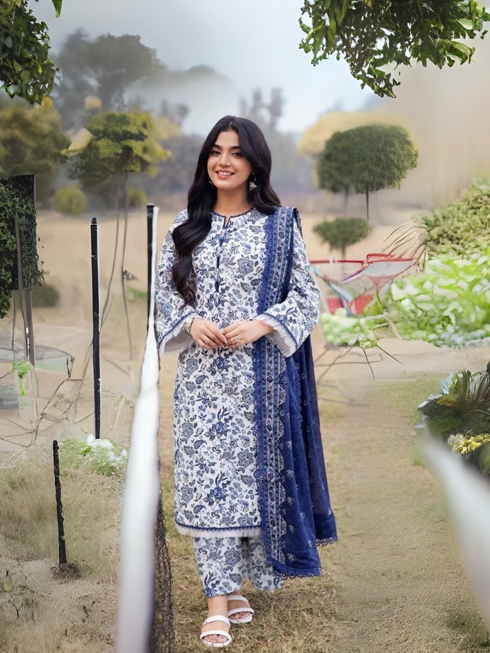 women ear Asim Jofa Lawn Fabric 3 Piece Suit | Colour- Light Gray Blue