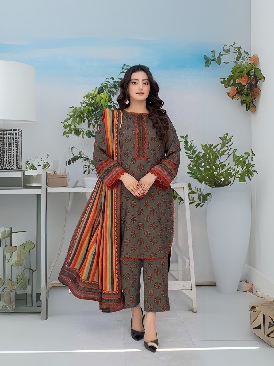 women wear Bint e Naz Lawn 3 Piece Suit | Colour-Dark Brown