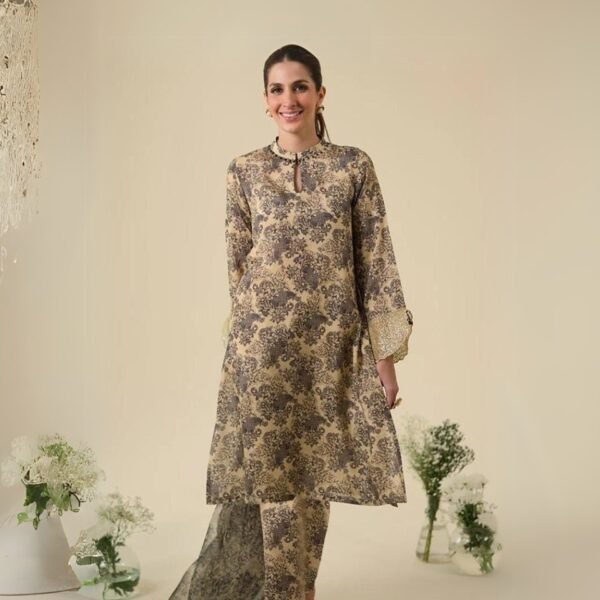 women wear Jazmin Lawn 3 Piece Suit | Colour-Light Brown