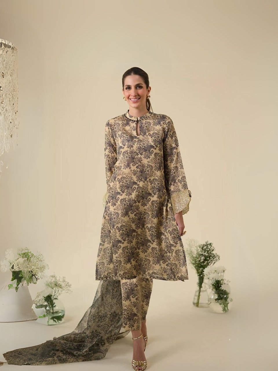 women wear Jazmin Lawn 3 Piece Suit | Colour-Light Brown