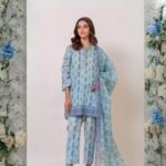 women wear Maria.B. Premium Lawn 3 Piece Suit | Colour-Dark Sky Blue