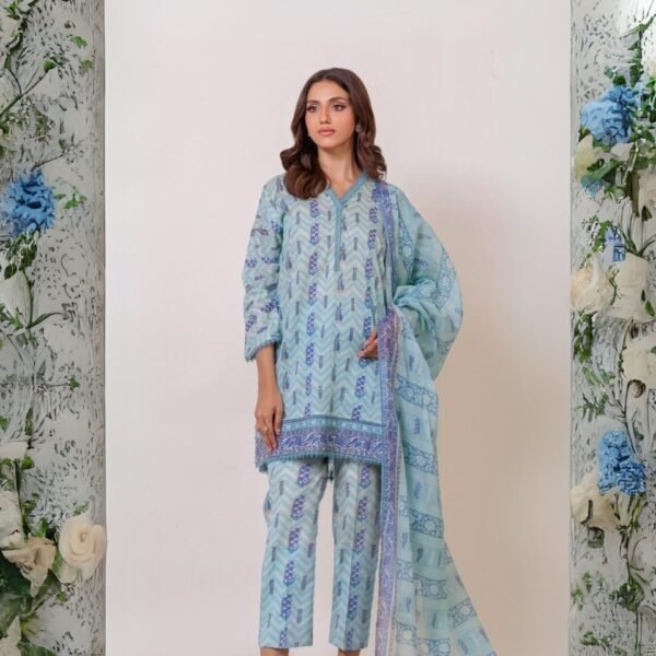 women wear Maria.B. Premium Lawn 3 Piece Suit | Colour-Dark Sky Blue