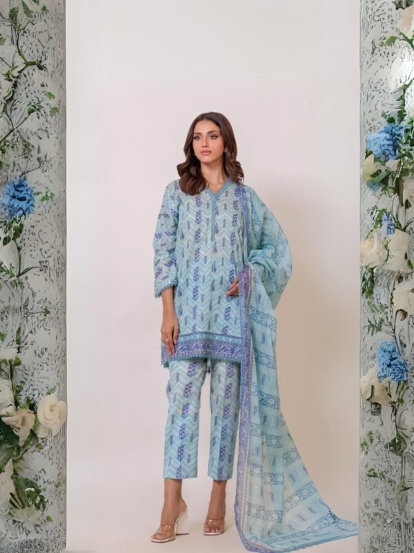 women wear Maria.B. Premium Lawn 3 Piece Suit | Colour-Dark Sky Blue