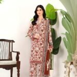 women wear Maria.B. Premium Lawn 3 Piece Suit | Colour-Reddish Orange
