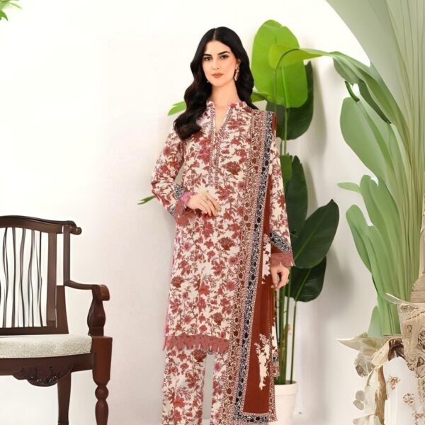women wear Maria.B. Premium Lawn 3 Piece Suit | Colour-Reddish Orange