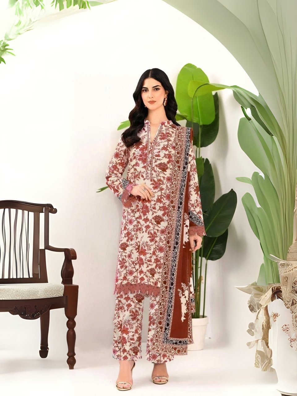 women wear Maria.B. Premium Lawn 3 Piece Suit | Colour-Reddish Orange