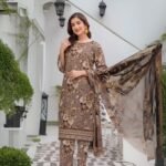women wear Bint e Naz Lawn 3 Piece Suit | Colour- Brown