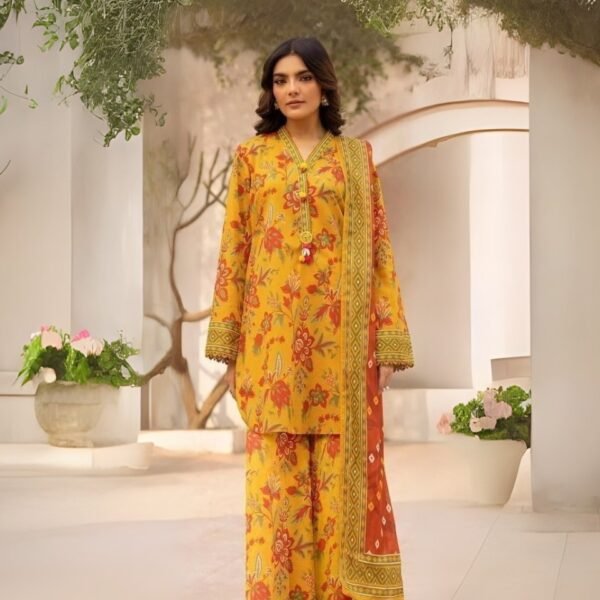 women wear Iznik Lawn 3 Piece Suit | Colour-Dark Orange