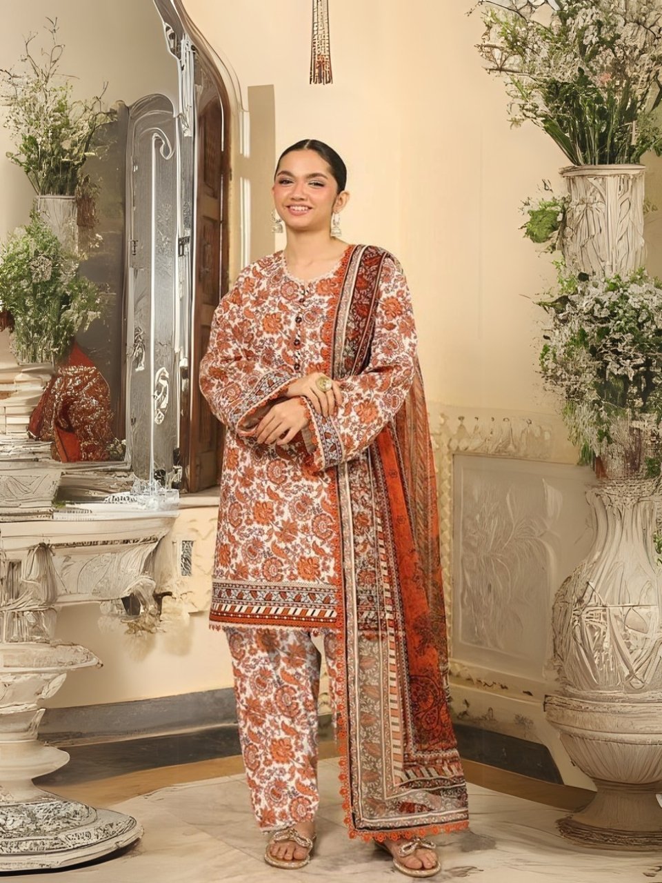 women wear Asim Jofa Lawn Fabric 3 Piece Suit | Colour-Light Peach