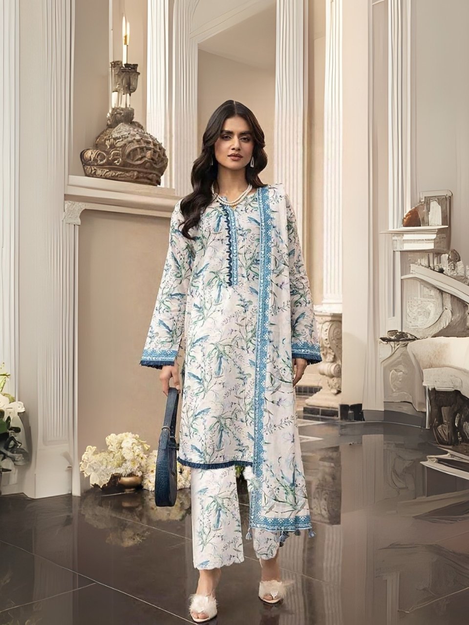 women wear Bint e Naz Lawn 3 Piece Suit | Colour-Light gray women wear Bint e Naz Lawn 3 Piece Suit | Colour-Light gray