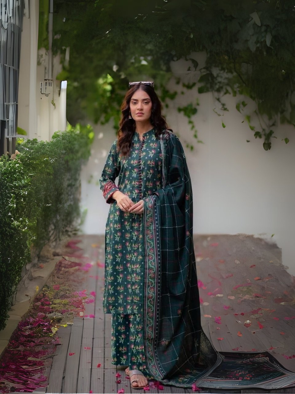 women wear Iznik Lawn 3 Piece Suit | Colour-Dark Green Blue