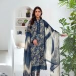 women wear Iznik Lawn 3 Piece Suit | Colour-Dark Grey Blue
